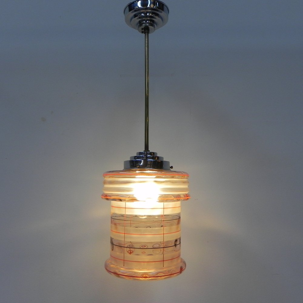 Art Deco Hanging Lamp with Pink Glass Shade