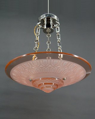 Art Deco Hanging Light in Pink Glass and Chrome Bronze by Henry Petitot for Atelier Petitot, 1930-XNH-1804499