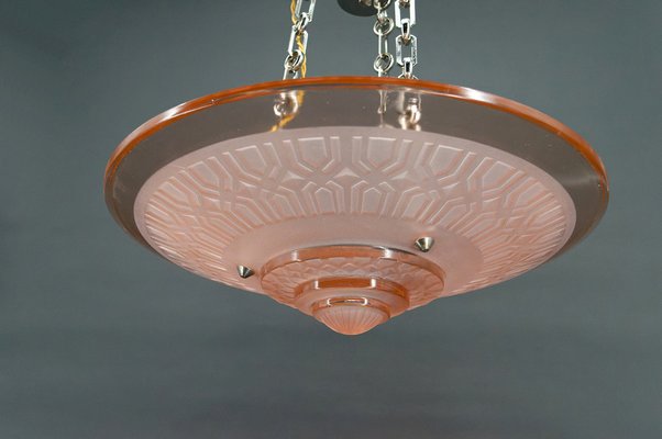 Art Deco Hanging Light in Pink Glass and Chrome Bronze by Henry Petitot for Atelier Petitot, 1930-XNH-1804499