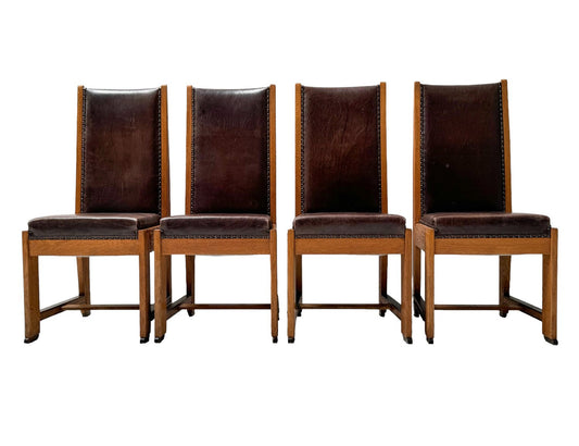 Art Deco High Back Chairs in Leather, 1920s, Set of 4