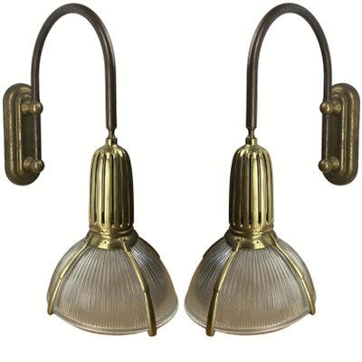 Art Deco Holophane Cut Glass and Brass Wall Lamps, 1970s, Set of 2-BHG-1430645