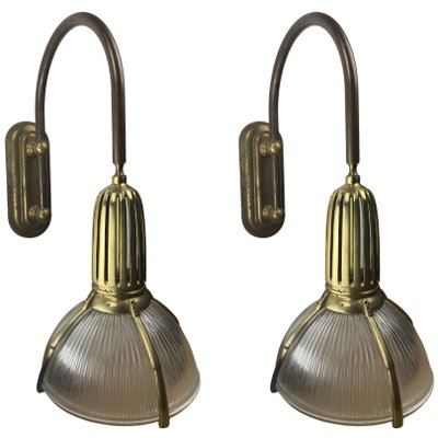 Art Deco Holophane Cut Glass and Brass Wall Lamps, 1970s, Set of 2-BHG-1430645