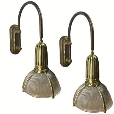 Art Deco Holophane Cut Glass and Brass Wall Lamps, 1970s, Set of 2-BHG-1430645