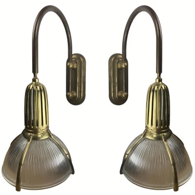 Art Deco Holophane Cut Glass and Brass Wall Lamps, 1970s, Set of 2-BHG-1430645