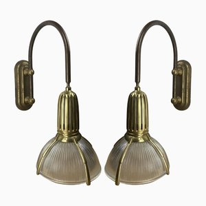 Art Deco Holophane Cut Glass and Brass Wall Lamps, 1970s, Set of 2-BHG-1430645