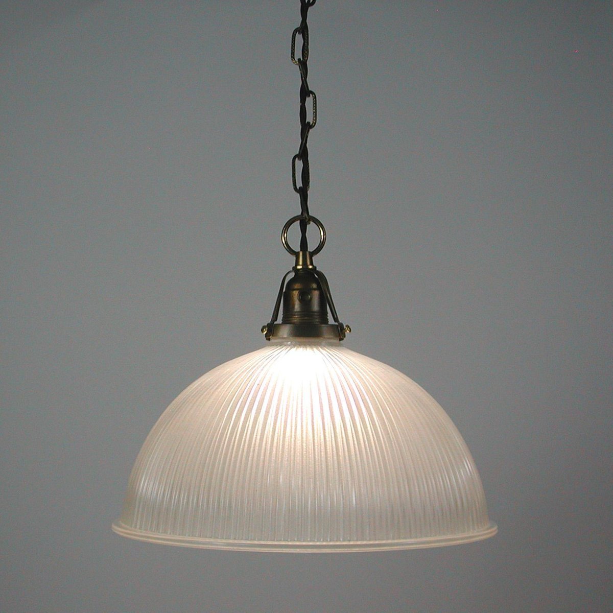 Art Deco Holophane Industrial Glass Pendant Lamp, France, 1930s