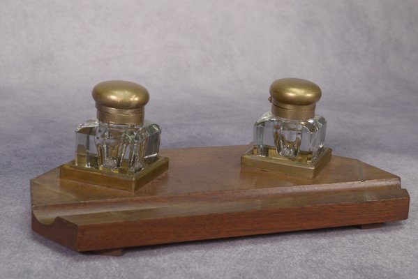 Art Deco Inkwell Wooden Support with Brass Inlay 2 Uraline Glass Inkwell, 1930s, Set of 3-NEN-2033922