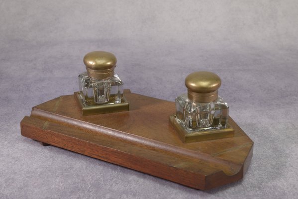 Art Deco Inkwell Wooden Support with Brass Inlay 2 Uraline Glass Inkwell, 1930s, Set of 3-NEN-2033922