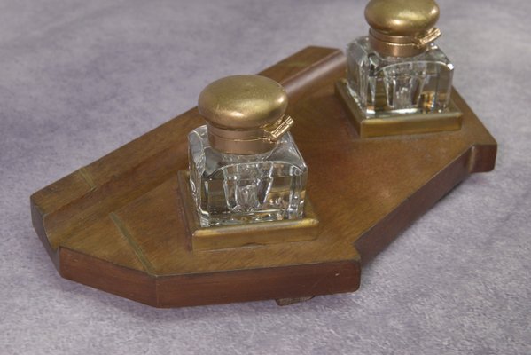 Art Deco Inkwell Wooden Support with Brass Inlay 2 Uraline Glass Inkwell, 1930s, Set of 3-NEN-2033922