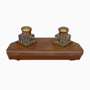 Art Deco Inkwell Wooden Support with Brass Inlay 2 Uraline Glass Inkwell, 1930s, Set of 3-NEN-2033922