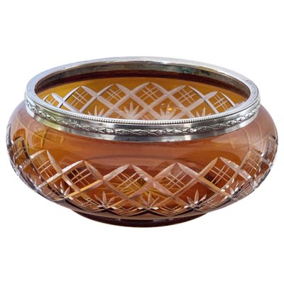 Art Deco Italian Amber and Silver Carved Crystal 800 Vase Bowl, 1930s-JDR-1126228