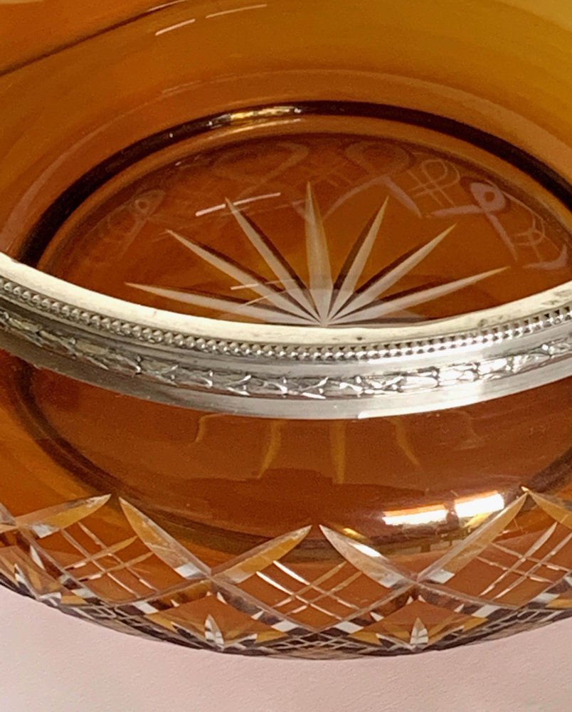 Art Deco Italian Amber and Silver Carved Crystal 800 Vase Bowl, 1930s