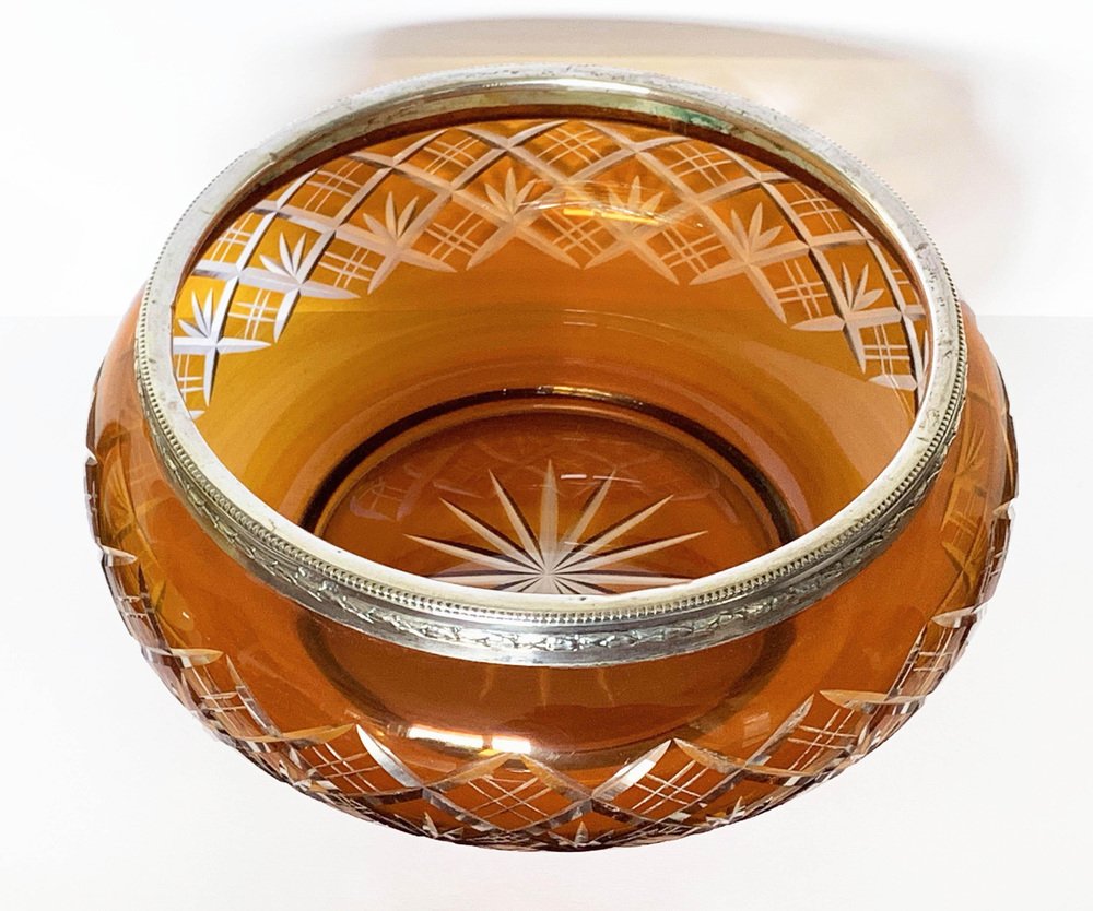 Art Deco Italian Amber and Silver Carved Crystal 800 Vase Bowl, 1930s