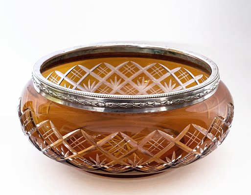 Art Deco Italian Amber and Silver Carved Crystal 800 Vase Bowl, 1930s-JDR-1126228