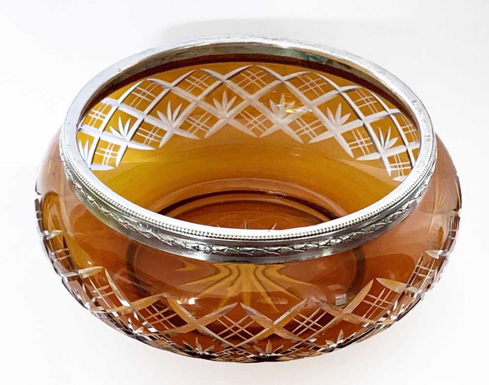 Art Deco Italian Amber and Silver Carved Crystal 800 Vase Bowl, 1930s