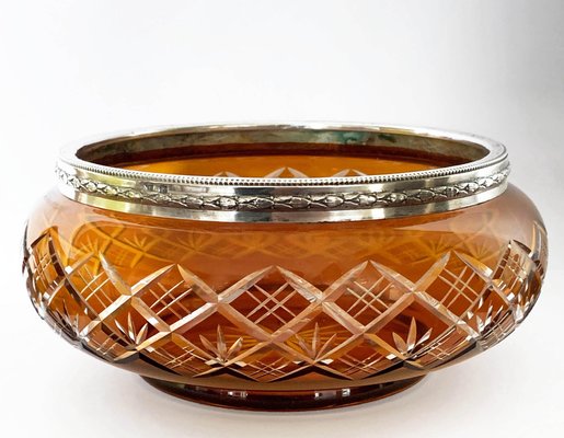 Art Deco Italian Amber and Silver Carved Crystal 800 Vase Bowl, 1930s-JDR-1126228