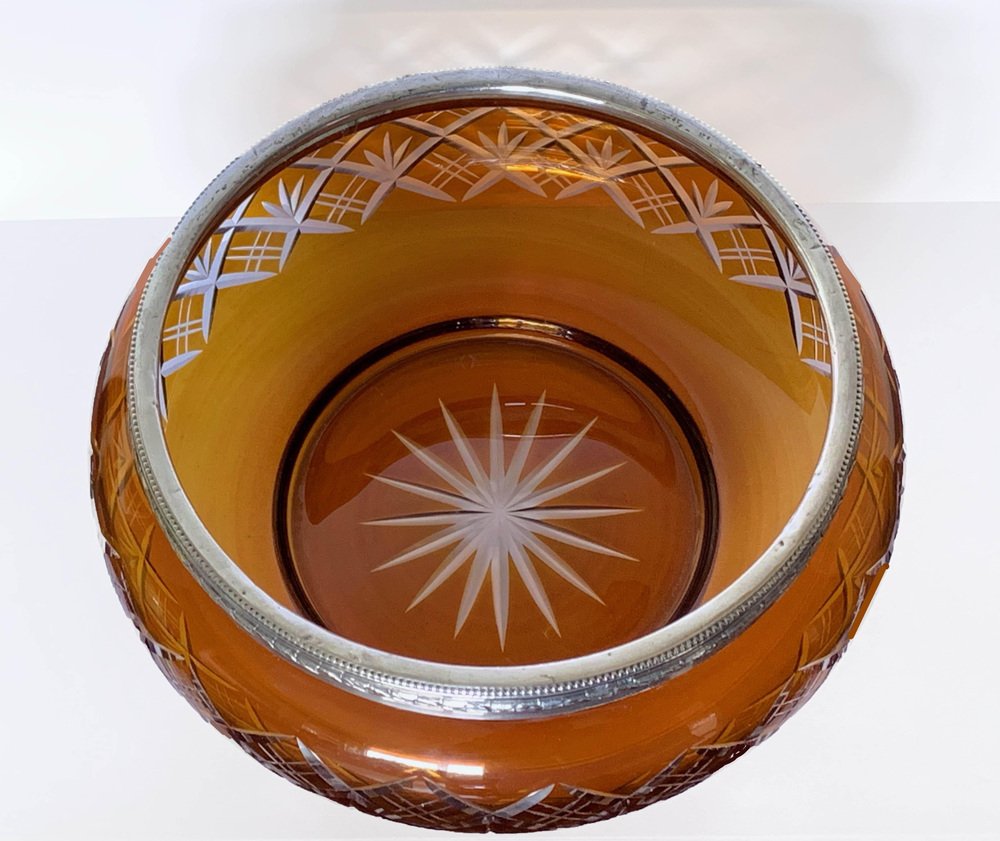 Art Deco Italian Amber and Silver Carved Crystal 800 Vase Bowl, 1930s