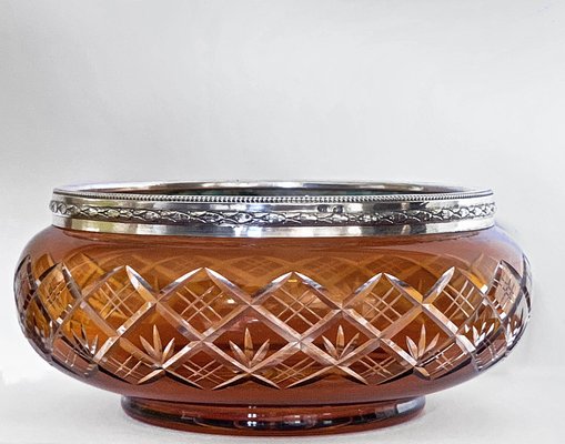 Art Deco Italian Amber and Silver Carved Crystal 800 Vase Bowl, 1930s-JDR-1126228