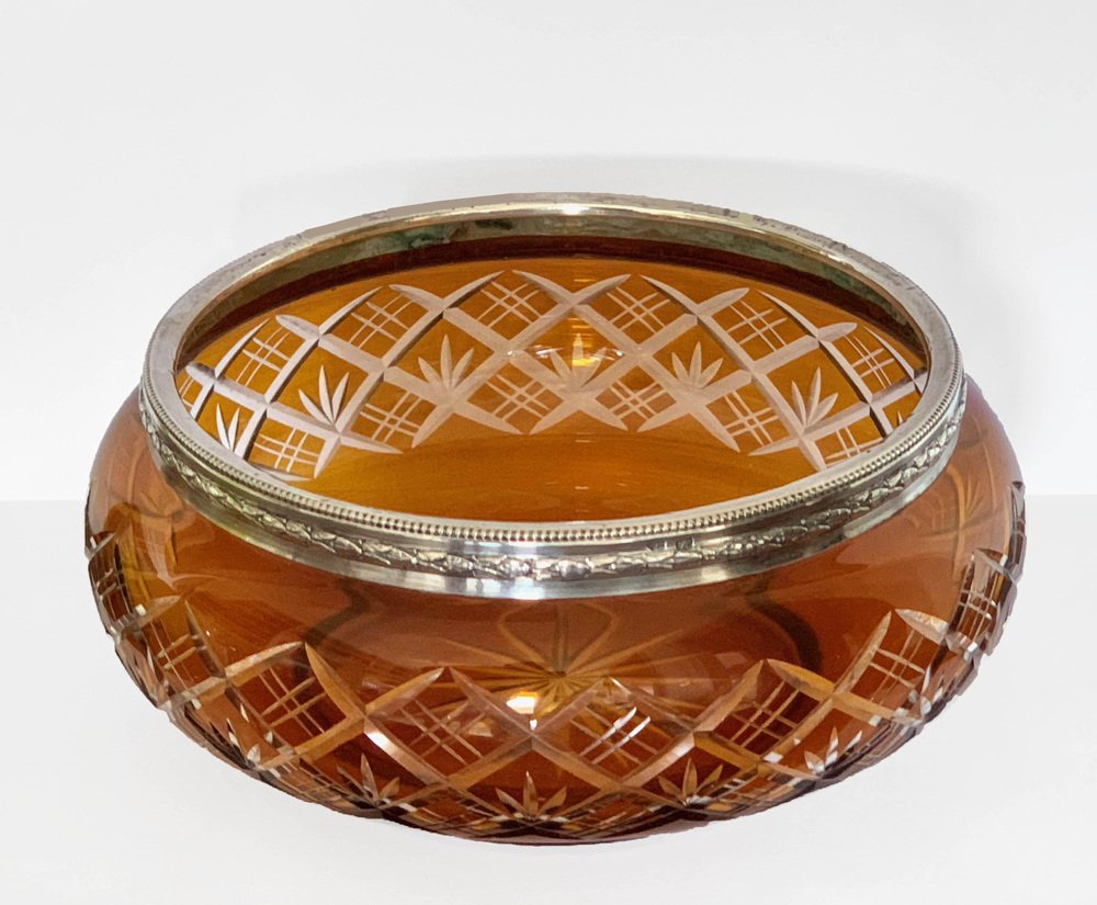 Art Deco Italian Amber and Silver Carved Crystal 800 Vase Bowl, 1930s