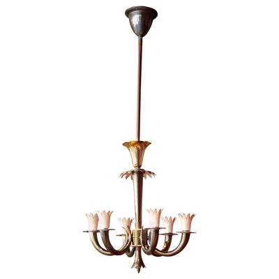 Art Deco Italian Brass 6-Lights Chandelier attributed to Gio Ponti for Lanci, 1930s-AXE-1433454