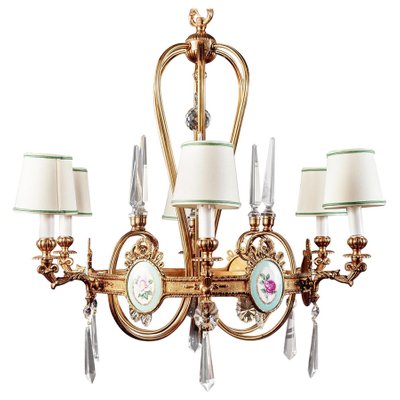 Art Deco Italian Brass Chandelier with Porcelain Insert, 1940-MBH-1031630