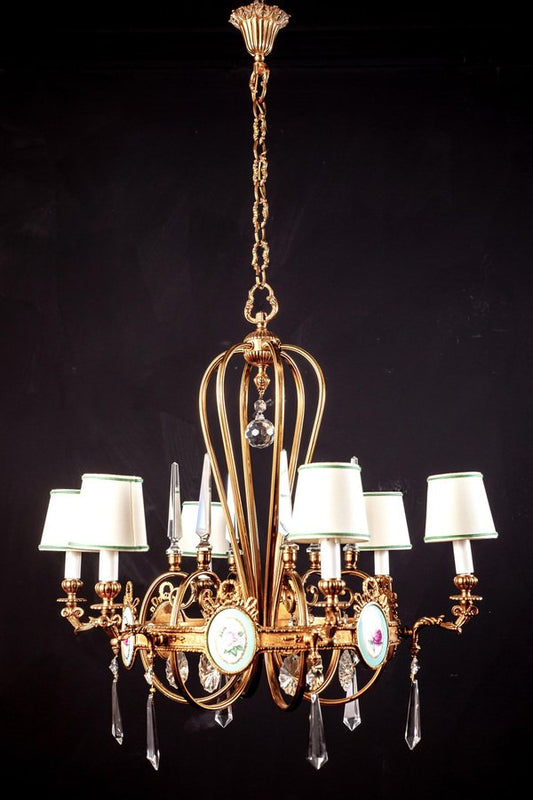 Art Deco Italian Brass Chandelier with Porcelain Insert, 1940