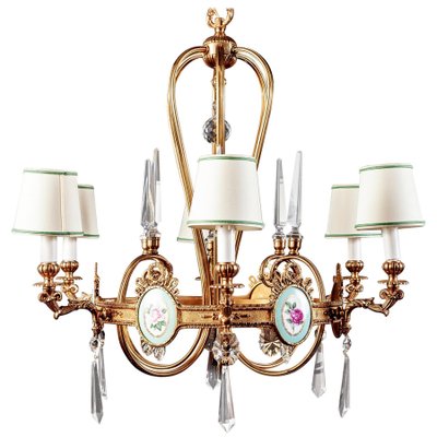 Art Deco Italian Brass Chandelier with Porcelain Insert, 1940s-MBH-1031963