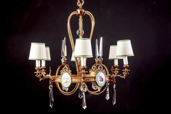 Art Deco Italian Brass Chandelier with Porcelain Insert, 1940s-MBH-1031963