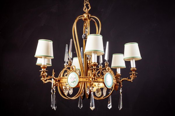 Art Deco Italian Brass Chandelier with Porcelain Insert, 1940s-MBH-1031963