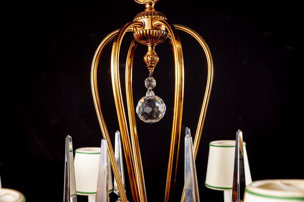 Art Deco Italian Brass Chandelier with Porcelain Insert, 1940s-MBH-1031963