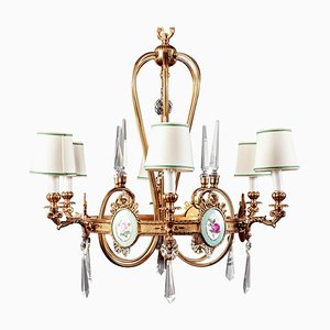 Art Deco Italian Brass Chandelier with Porcelain Insert, 1940s-MBH-1031963