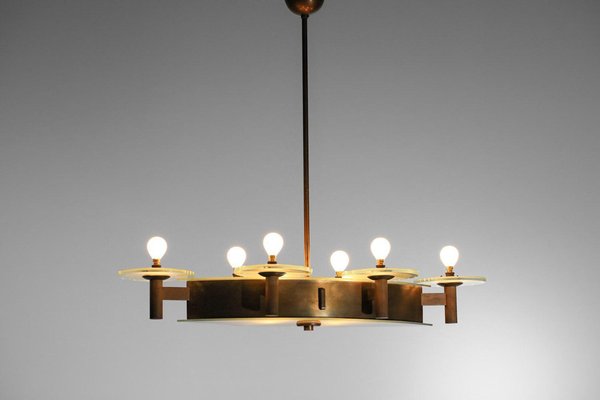 Art Deco Italian Chandelier in Oval Brass and Glass by Pietro Chiesa, 1950s-YU-1800695