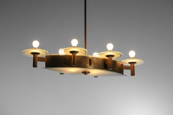 Art Deco Italian Chandelier in Oval Brass and Glass by Pietro Chiesa, 1950s-YU-1800695