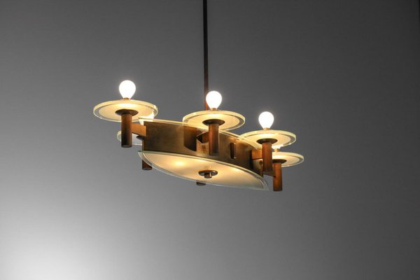 Art Deco Italian Chandelier in Oval Brass and Glass by Pietro Chiesa, 1950s-YU-1800695