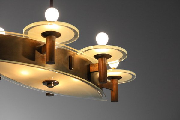 Art Deco Italian Chandelier in Oval Brass and Glass by Pietro Chiesa, 1950s-YU-1800695