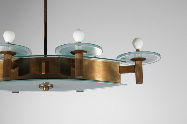 Art Deco Italian Chandelier in Oval Brass and Glass by Pietro Chiesa, 1950s-YU-1800695