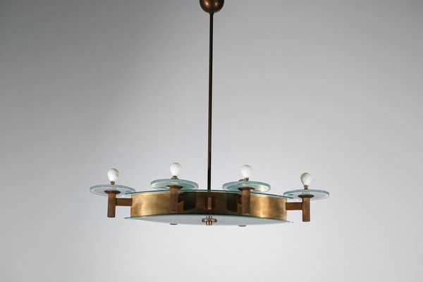 Art Deco Italian Chandelier in Oval Brass and Glass by Pietro Chiesa, 1950s-YU-1800695