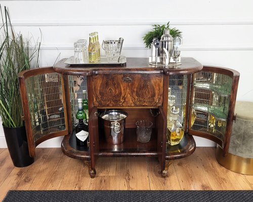 Art Deco Italian Chippendale Walnut Burl and Mirror Mosaic Dry Bar Cabinet, 1940s-EUP-2023171