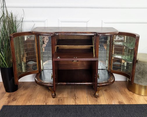 Art Deco Italian Chippendale Walnut Burl and Mirror Mosaic Dry Bar Cabinet, 1940s-EUP-2023171