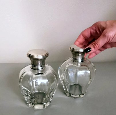 Art Deco Italian Crystal Toiletry Bottles and Silver Lid, Set of 2-QRS-1336631