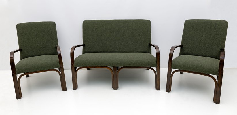 Art Deco Italian Green Boucle Armchairs and Small Sofa, 1930s, Set of 3-FER-1719526