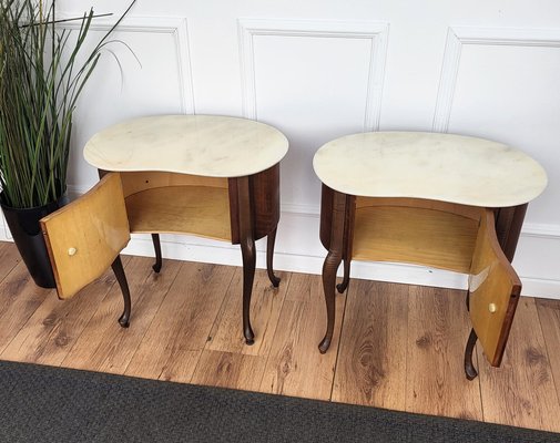 Art Deco Italian Kidney Shaped Nightstands with Marble Top, 1950s, Set of 2-EUP-1704210