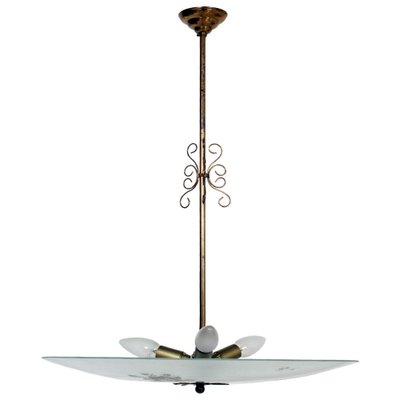 Art Deco Italian Murano Glass and Gilt Brass Pendant Lamp, 1930s-NJV-708579