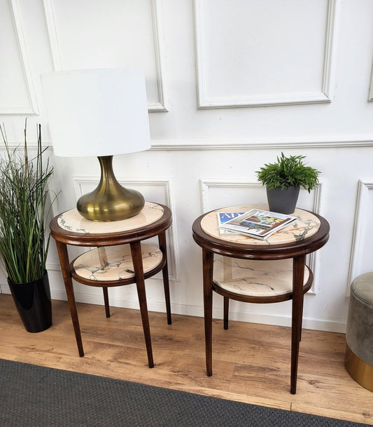 Art Deco Italian Sofa Side End Tables in Walnut Woold and Marble, 1940s, Set of 2