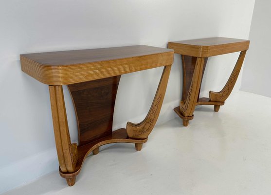 Art Deco Italian Walnut and Maple Consoles attributed to Colli for Pierluigi Colli, 1930s, Set of 2-FF-2017428