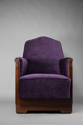 Art Deco Jatoba Wood and Purple Velvet Lounge Chair, 1930-IEI-1729031