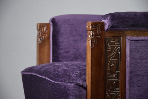 Art Deco Jatoba Wood and Purple Velvet Lounge Chair, 1930-IEI-1729031