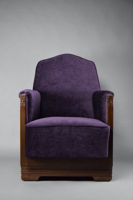 Art Deco Jatoba Wood and Purple Velvet Lounge Chair, 1930-IEI-1729031