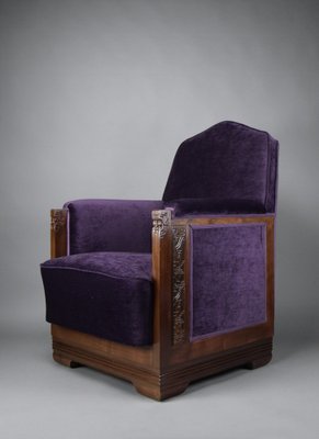 Art Deco Jatoba Wood and Purple Velvet Lounge Chair, 1930-IEI-1729031