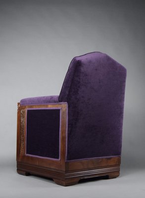 Art Deco Jatoba Wood and Purple Velvet Lounge Chair, 1930-IEI-1729031